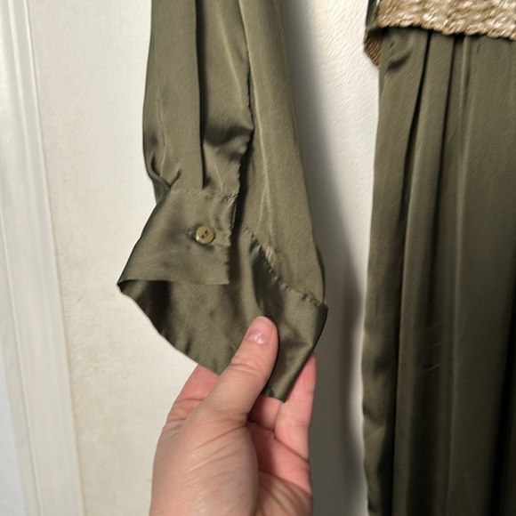 EUC Olive Green Zara Classy Belted Longsleeve Satin-Like Jumpsuit Size Medium - Picture 9 of 10